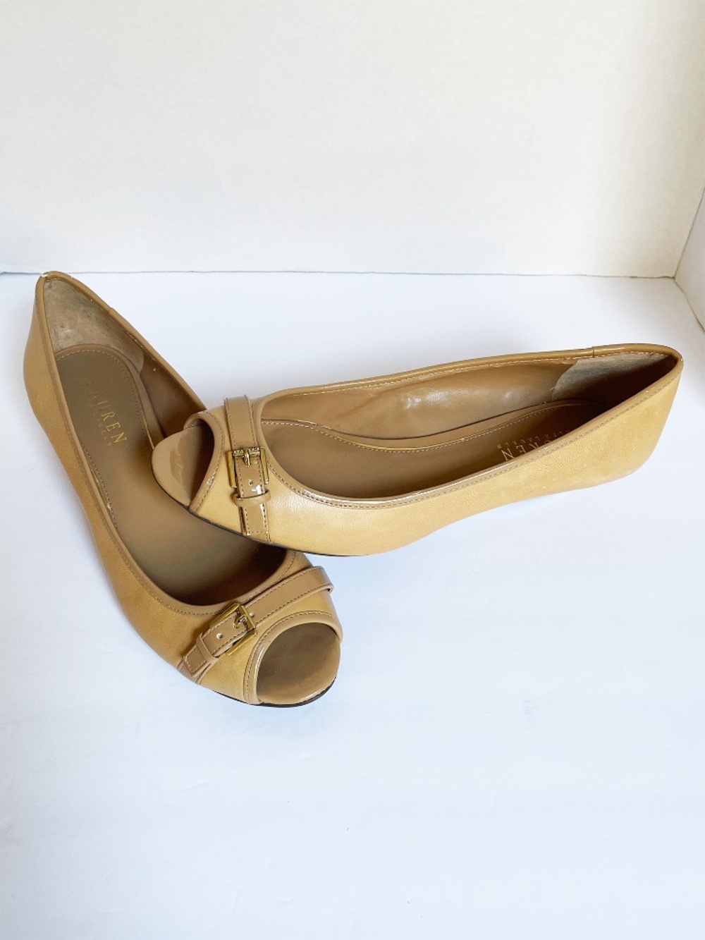Lauren Ralph Madison Leather Camel Wedge Peep Toe Shoes S 8.5